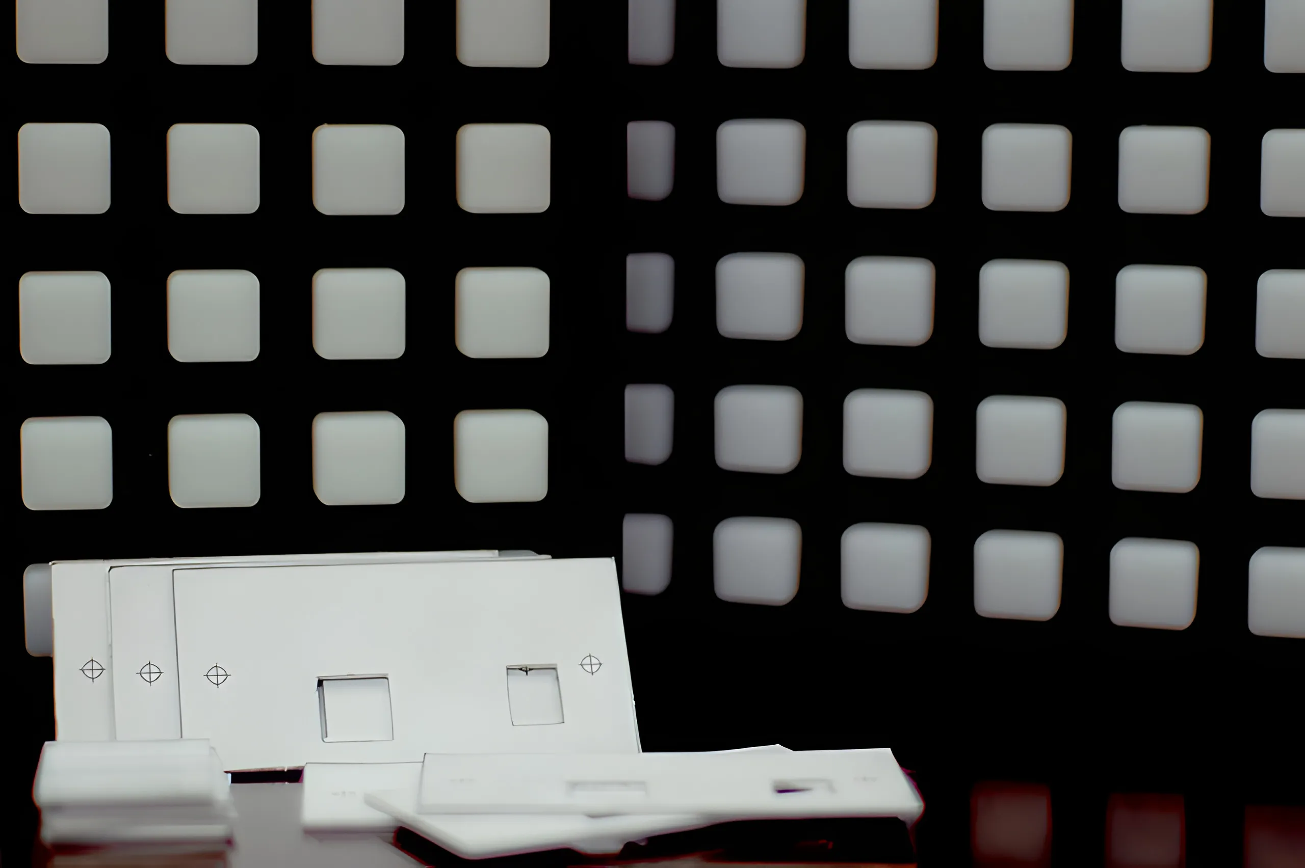 White machined button-plate parts in the foreground, the out-of-focus button grid glowing behind them