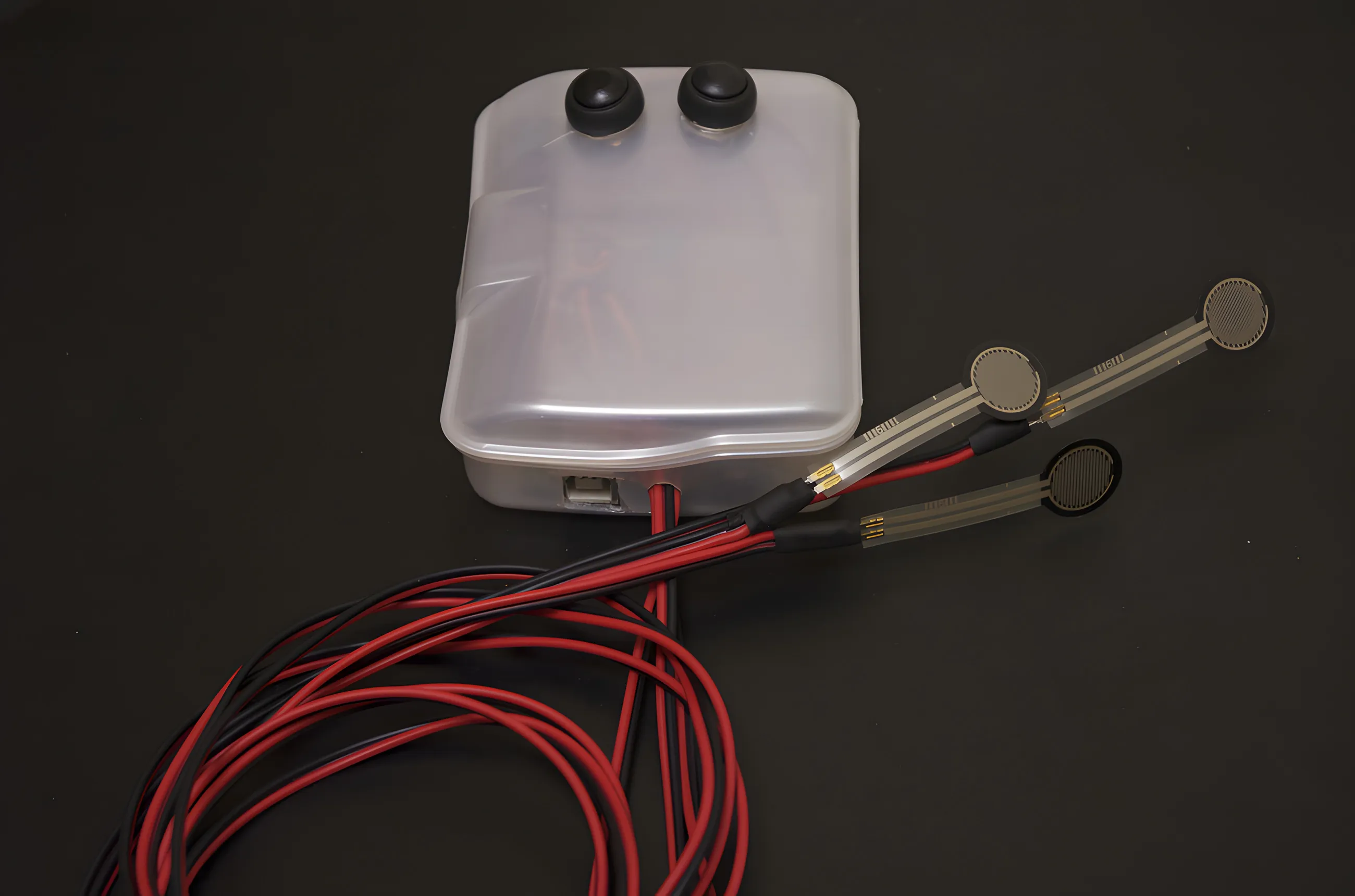 The closed case seen from above with its two black pushbuttons on top, three round force sensors fanned out on flat leads and a loose coil of red and black cable.