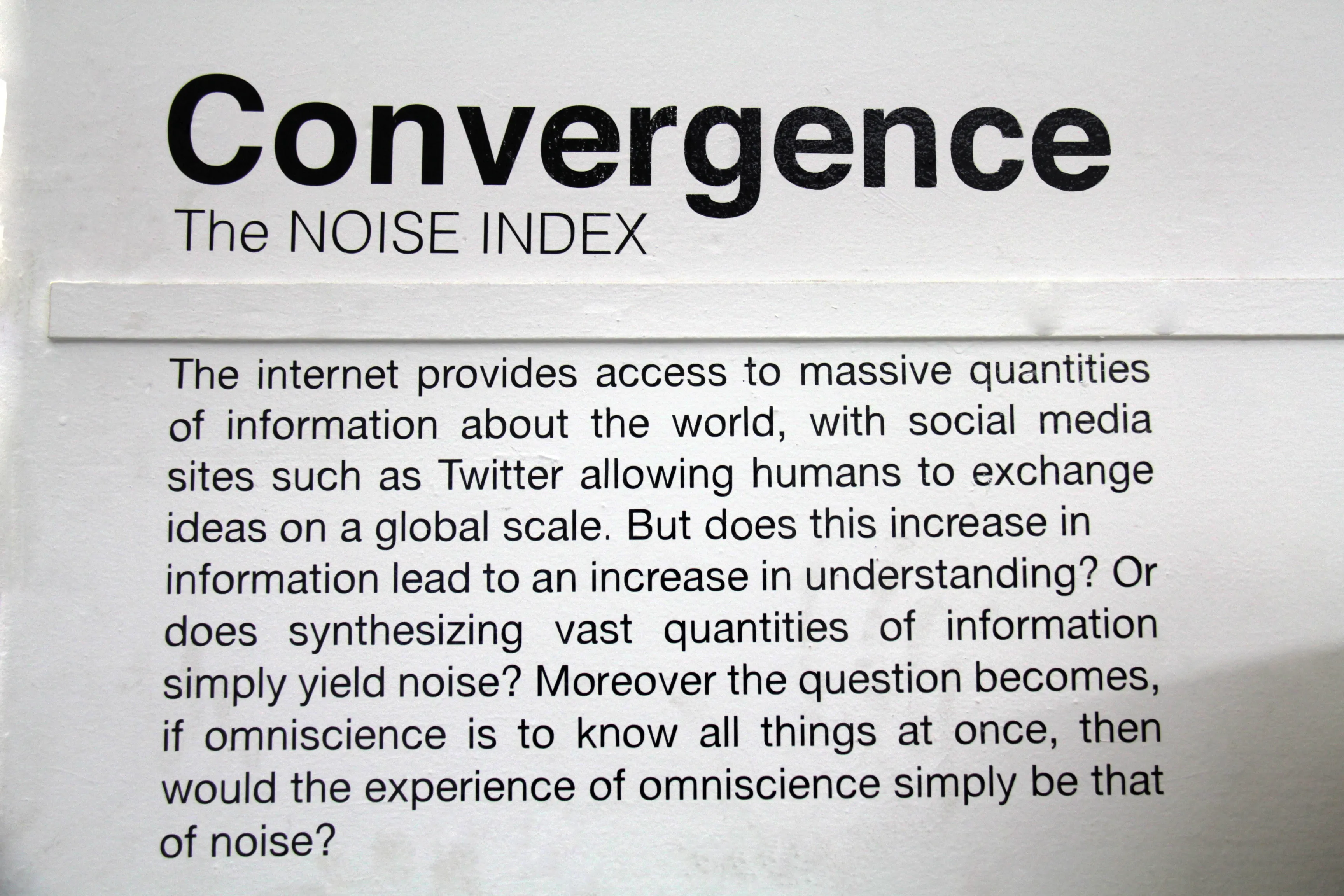 Gallery wall text in black on white, the title above a paragraph asking whether synthesizing vast information yields understanding or noise.