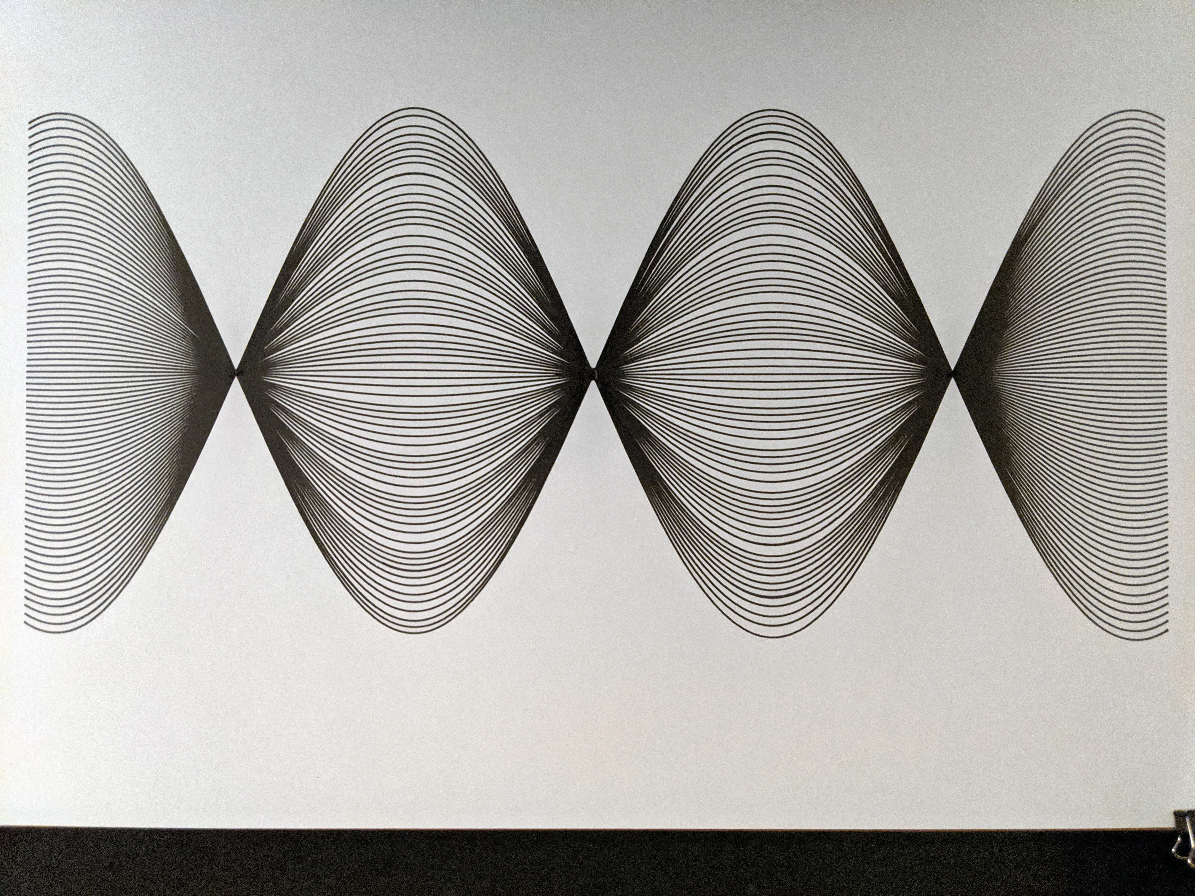 Large wall-mounted sheet: four lens shapes of nested arcs meeting at sharp pinch points, like a waveform envelope