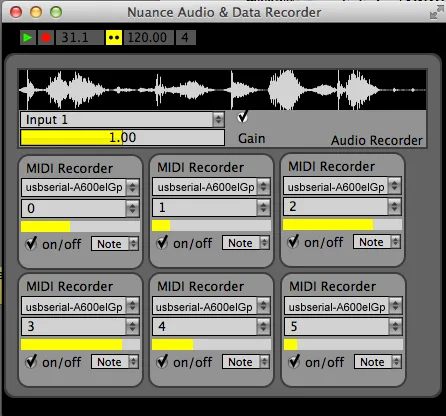 Screenshot of the Nuance Audio and Data Recorder: a transport bar above an audio waveform, an input and gain row, and six MIDI recorder panels each with a serial port menu, channel number and on/off checkbox.