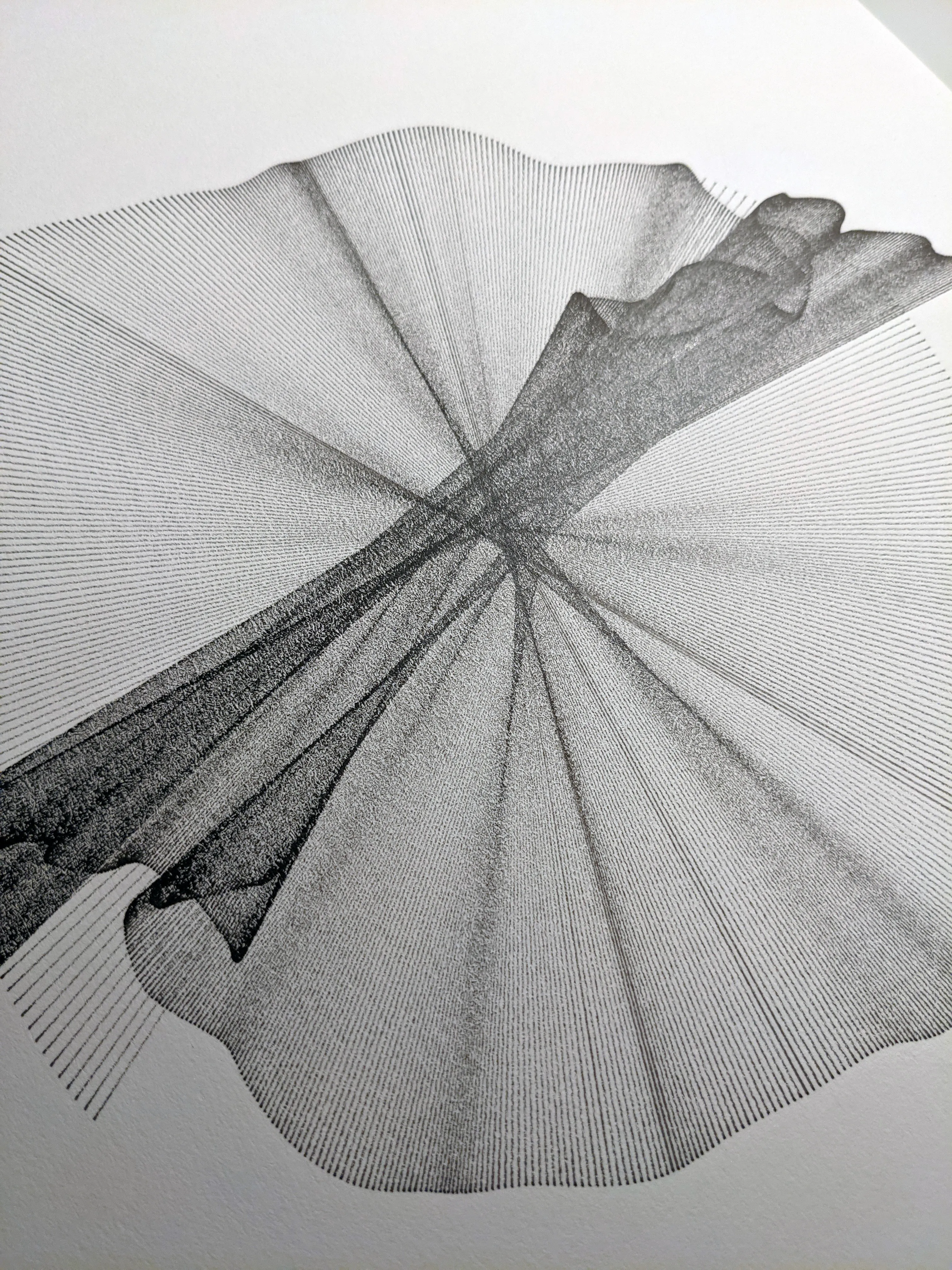 The same radiating drawing shot close and at an angle, fine lines filling the sheet to its edge