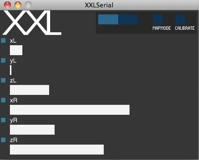 Mac application window titled XXLSerial, six horizontal bar meters labelled xL through zR with mapmode and calibrate buttons