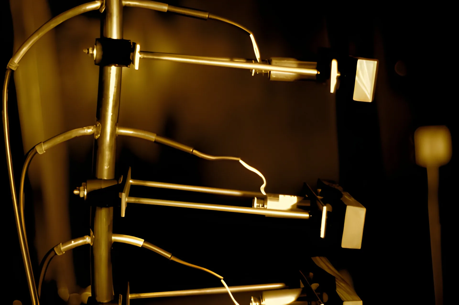 Brass tube frame with horizontal striker rods aimed at dark rectangular blocks, three tiers deep